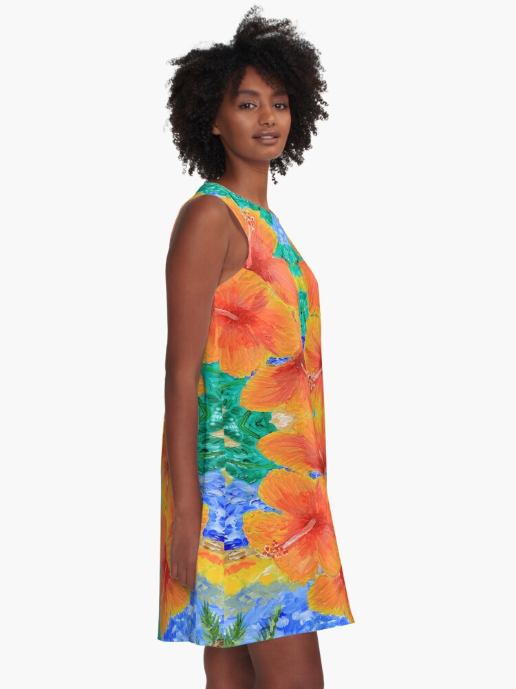 Alternate view of Hand-Painted Tropical Orange Hibiscus Botanical A-Line Dress