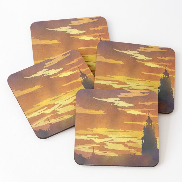 Item preview, Orange sunset with silhouette of church bell tower in Tabor, Czech Republic.  Watercolor painting orange sunset artwork  designed and sold by rfoxphoto.