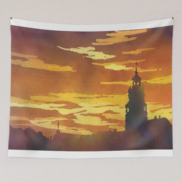 Item preview, Orange sunset with silhouette of church bell tower in Tabor, Czech Republic.  Watercolor painting orange sunset artwork  designed and sold by rfoxphoto.