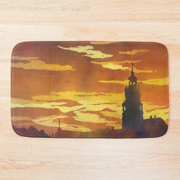 Item preview, Orange sunset with silhouette of church bell tower in Tabor, Czech Republic.  Watercolor painting orange sunset artwork  designed and sold by rfoxphoto.