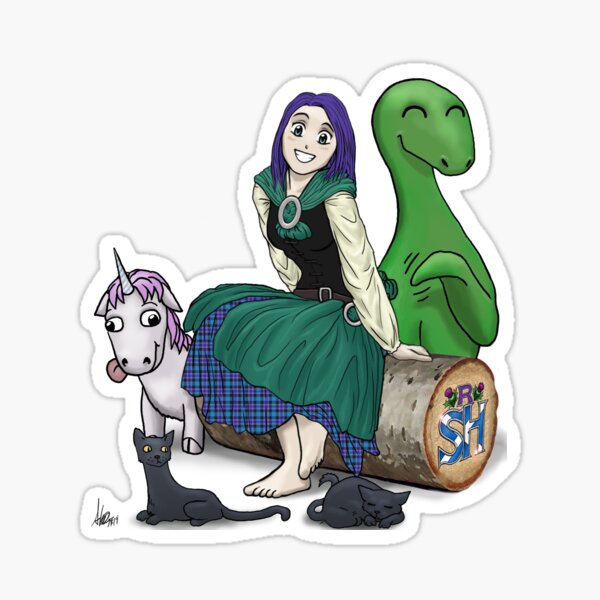Scottish Lass with Nessy, Unicorn, and Kitties Sticker