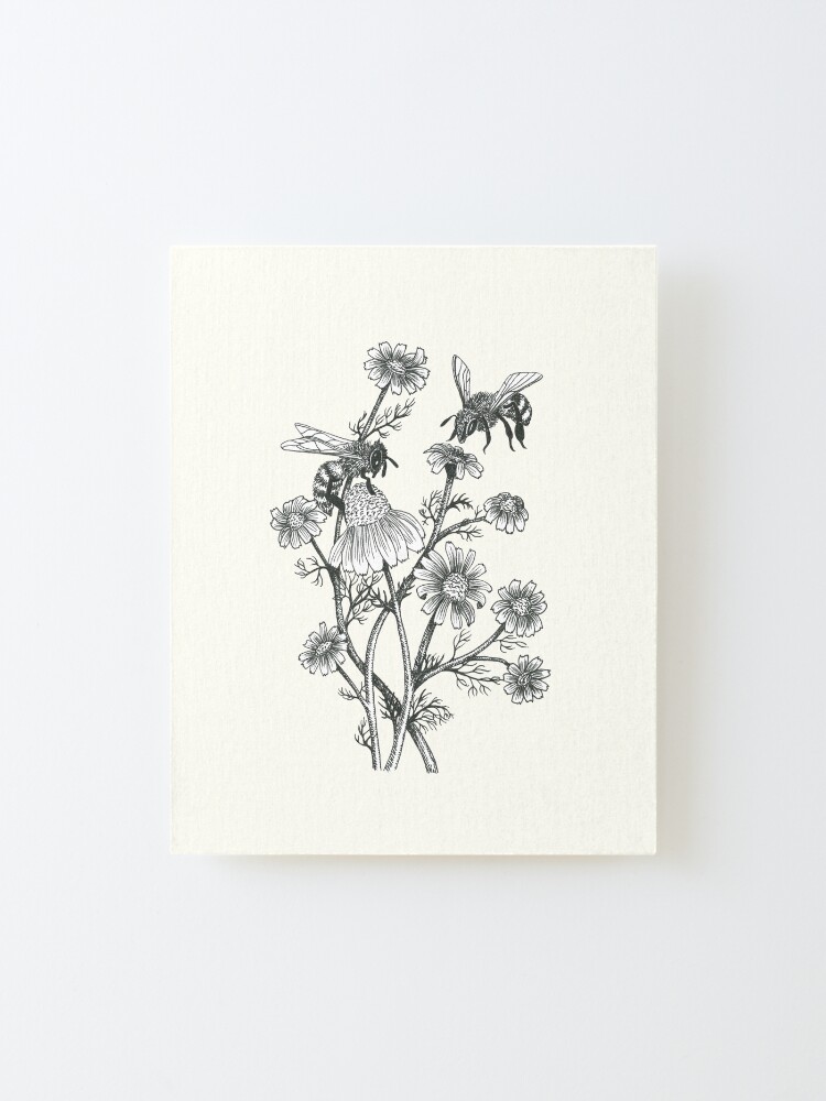 Alternate view of bees and chamomile on offwhite background Mounted Print