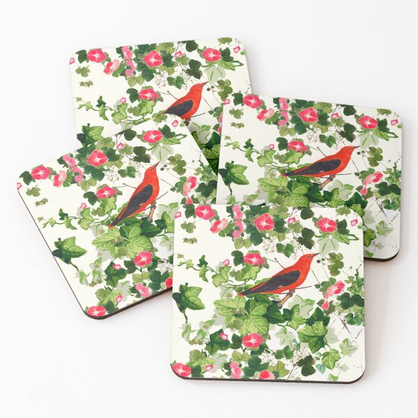 Item preview, RED BIRD AMONG IVY LEAVES AND  MORNING GLORIES White Green White Floral designed and sold by BulganLumini.