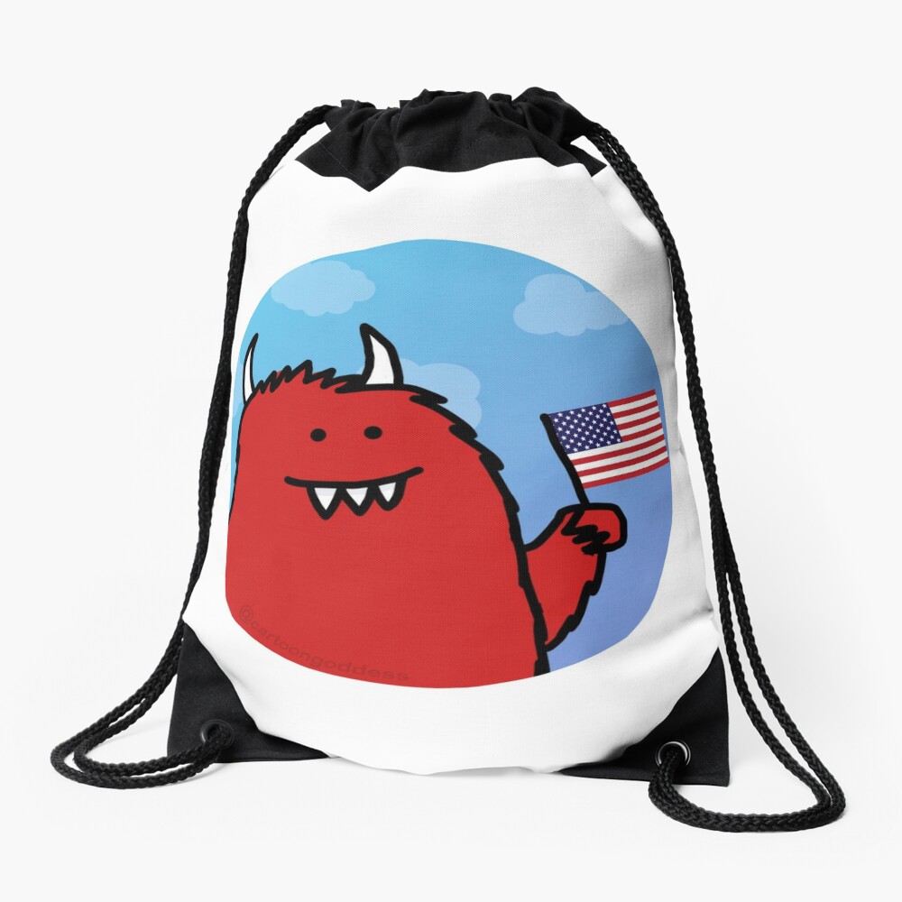 Celebratory Red Monster with Flag Drawstring Bag