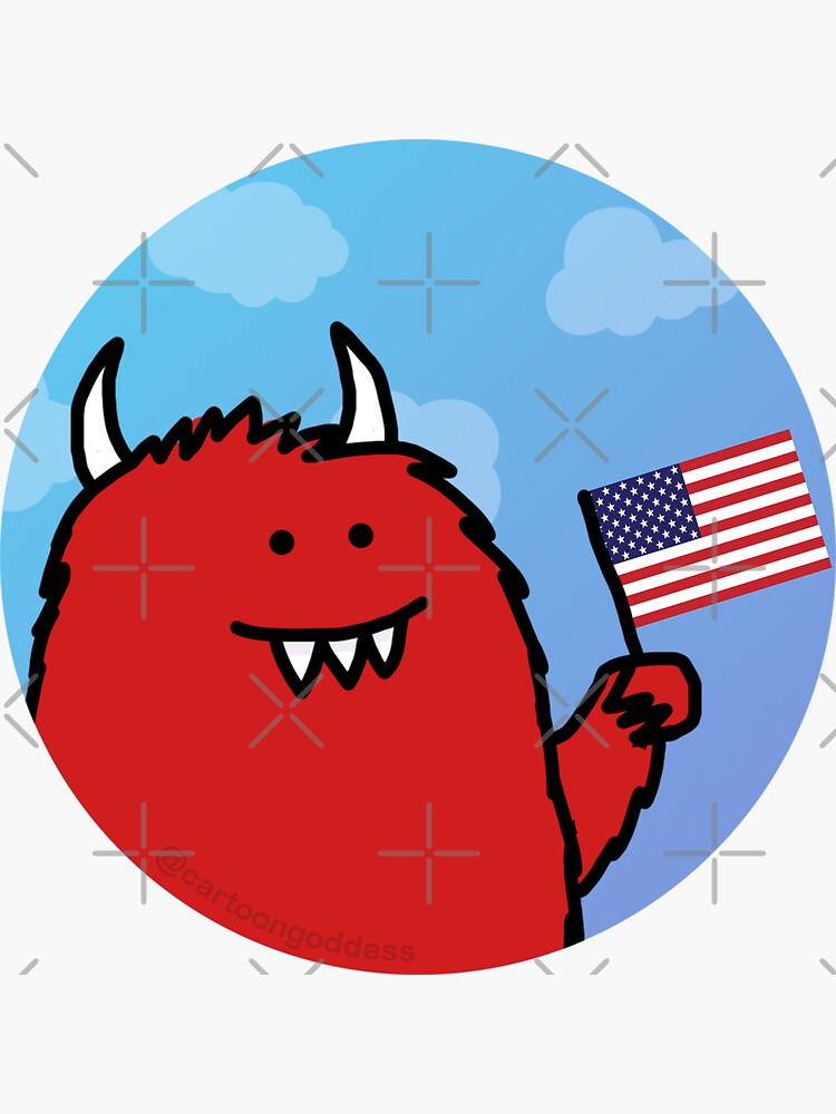 Thumbnail 3 of 3, Sticker, Celebratory Red Monster with Flag designed and sold by cartoongoddess.