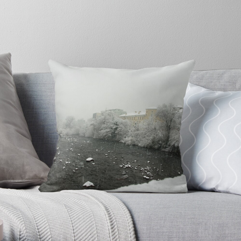 Snow storm on the Talvera River, Bolzano/Bozen, Italy Throw Pillow