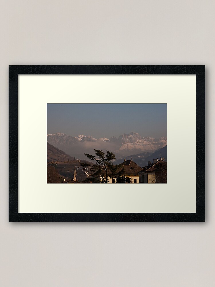 Alternate view of Dolomites and low-hanging clouds, view from Bolzano/Bozen, Italy Framed Art Print