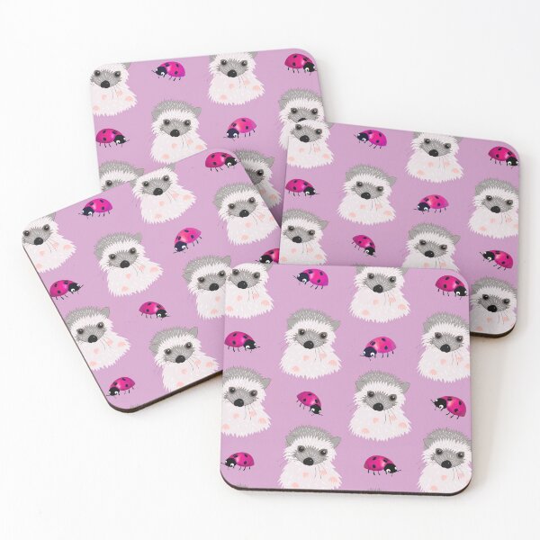 Item preview, Hedgehog babies and magenta ladybugs on dusky pink designed and sold by QuirkyCraftz.