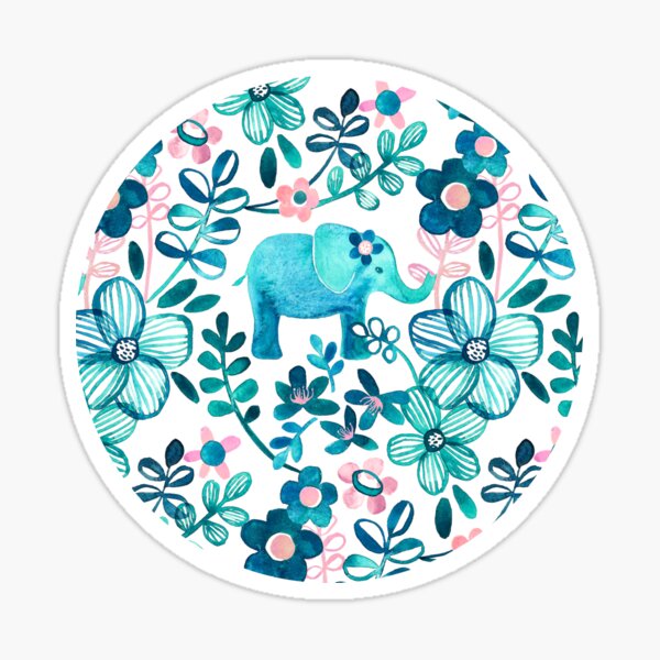Dusty Pink, White and Teal Elephant and Floral Watercolor Pattern Sticker