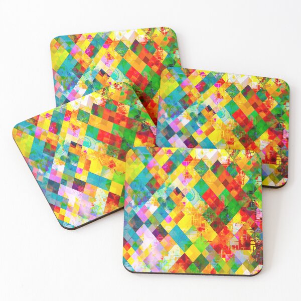 Item preview, geometric pixel square pattern abstract in red blue green yellow designed and sold by Mrvell.