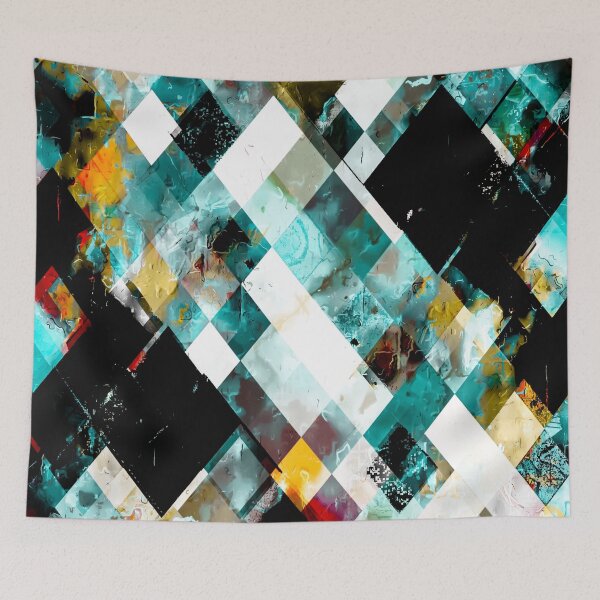 Item preview, geometric pixel square pattern abstract art in blue brown yellow red designed and sold by Mrvell.