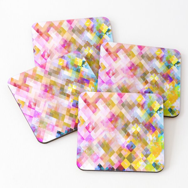 Item preview, geometric pixel square pattern abstract in pink purple yellow green designed and sold by Mrvell.