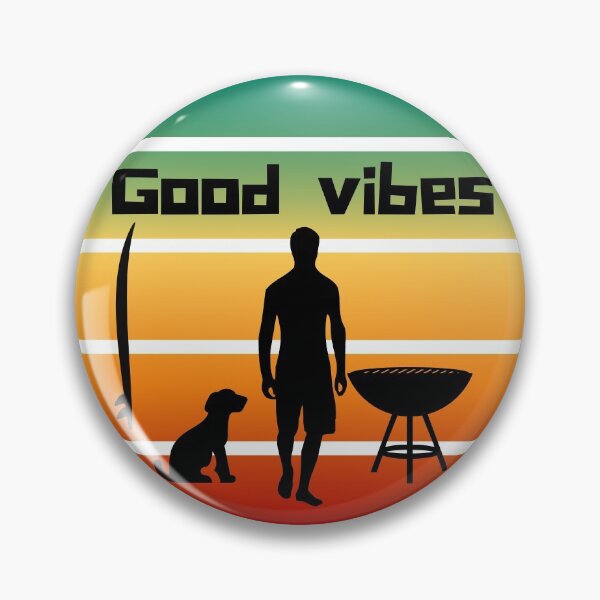Item preview, Good Vibes - Surf BBQ Dog and surfboard scene designed and sold by SimplePlain.