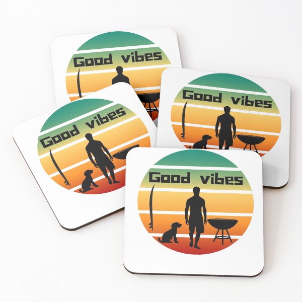 Item preview, Good Vibes - Surf BBQ Dog and surfboard scene designed and sold by SimplePlain.