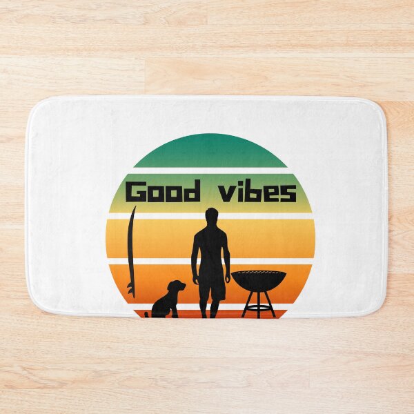 Item preview, Good Vibes - Surf BBQ Dog and surfboard scene designed and sold by SimplePlain.
