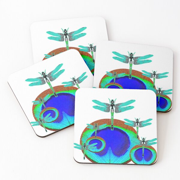 Item preview, ABSTRACT BLUE PEACOCK FEATHER EYES  & TURQUOISE DRAGONFLIES ART designed and sold by sharlesart.