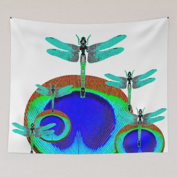 Item preview, ABSTRACT BLUE PEACOCK FEATHER EYES  & TURQUOISE DRAGONFLIES ART designed and sold by sharlesart.