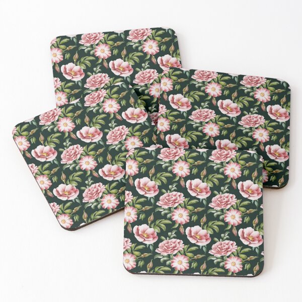 Item preview, Beautiful watercolor flower seamless pattern with pink rose hips and green leaves on the dark green background.  designed and sold by BananiLettering.