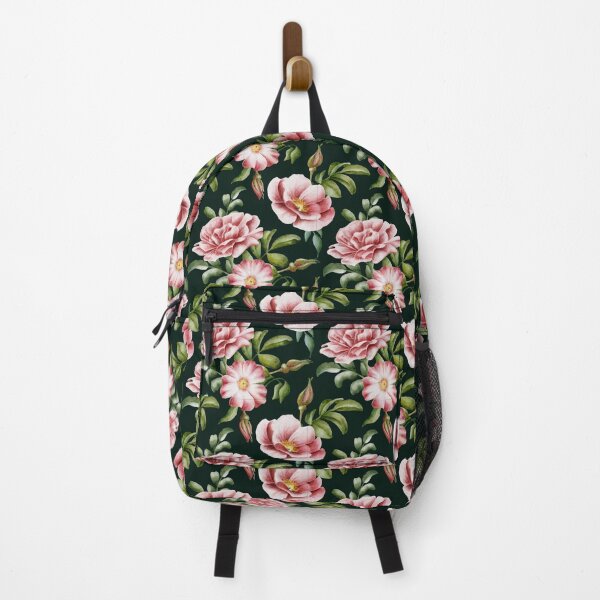Item preview, Beautiful watercolor flower seamless pattern with pink rose hips and green leaves on the dark green background.  designed and sold by BananiLettering.