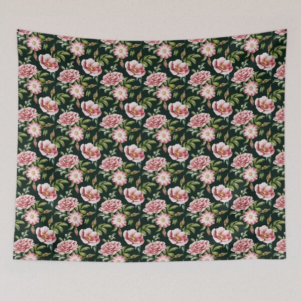 Item preview, Beautiful watercolor flower seamless pattern with pink rose hips and green leaves on the dark green background.  designed and sold by BananiLettering.