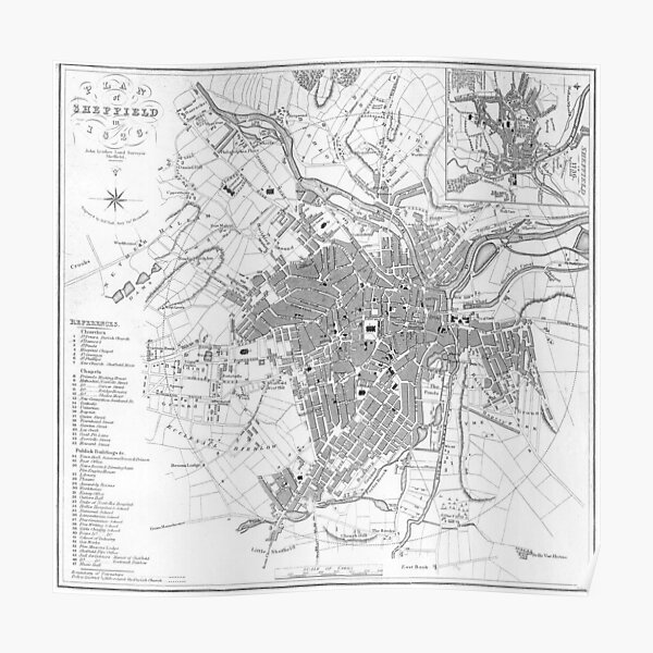 Vintage Map of Sheffield England (1823) Poster