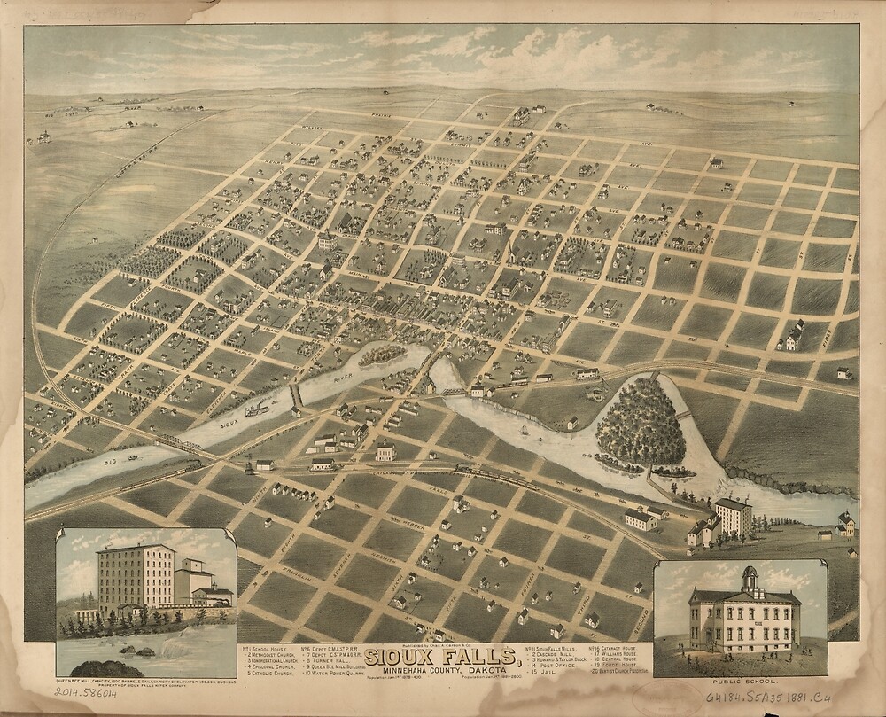 "Vintage Pictorial Map of Sioux Falls SD (1881)" by BravuraMedia | Redbubble