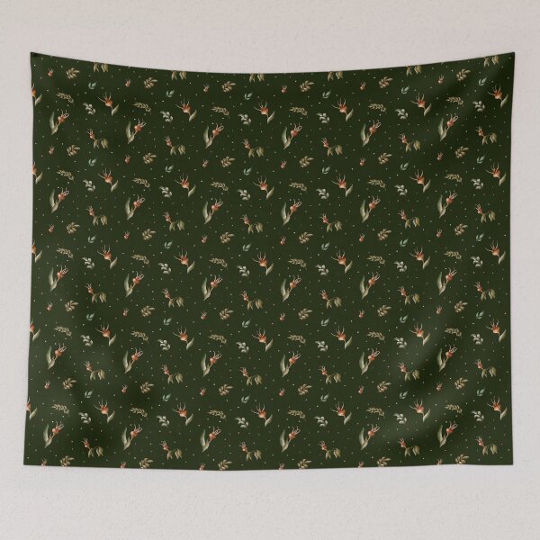 Item preview, Beautiful watercolor floral seamless pattern with brown rosehips, green leaves and dots on the dark green background.  designed and sold by BananiLettering.