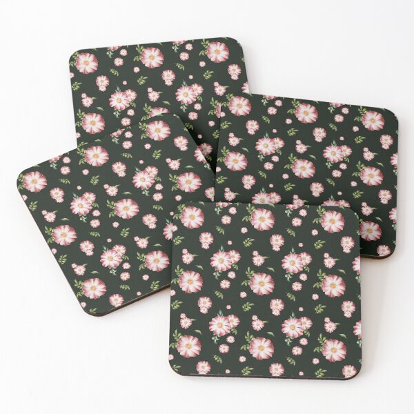 Item preview, Beautiful watercolor floral seamless pattern with pink rose hips and green leaves on the dark green background.  designed and sold by BananiLettering.