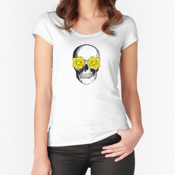 Skull and Roses | Skull and Flowers | Skulls and Skeletons | Vintage Skulls | Pink and Yellow | Fitted Scoop T-Shirt