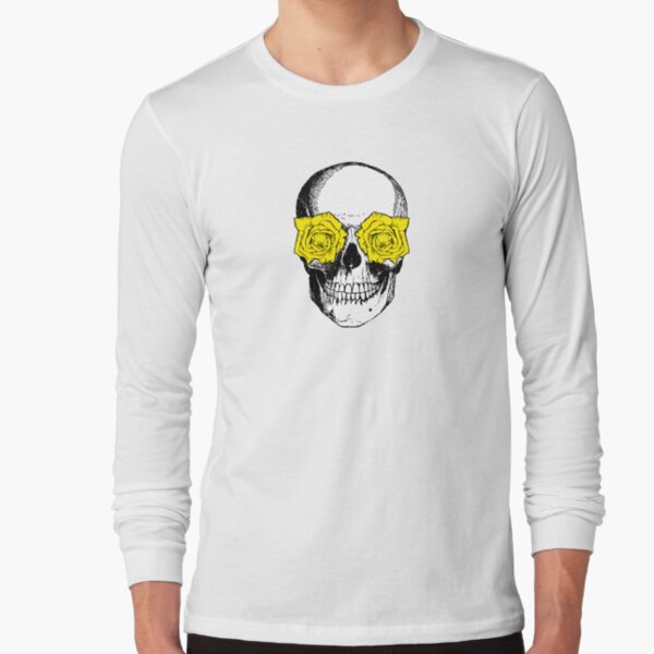 Skull and Roses | Skull and Flowers | Skulls and Skeletons | Vintage Skulls | Pink and Yellow |  Long Sleeve T-Shirt