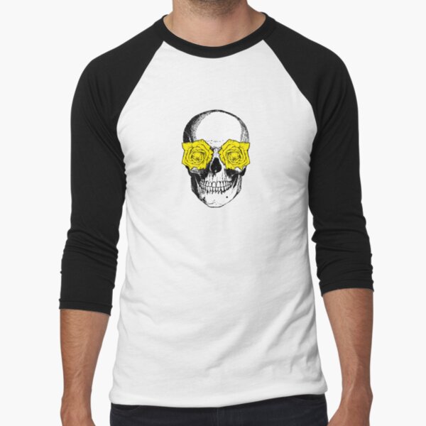 Skull and Roses | Skull and Flowers | Skulls and Skeletons | Vintage Skulls | Pink and Yellow |  Baseball ¾ Sleeve T-Shirt
