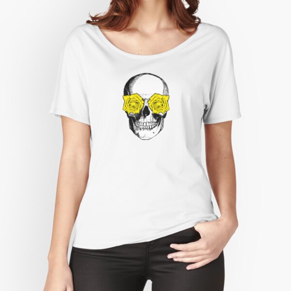 Skull and Roses | Skull and Flowers | Skulls and Skeletons | Vintage Skulls | Pink and Yellow | Relaxed Fit T-Shirt