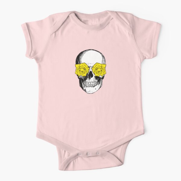 Skull and Roses | Skull and Flowers | Skulls and Skeletons | Vintage Skulls | Pink and Yellow |  Short Sleeve Baby One-Piece