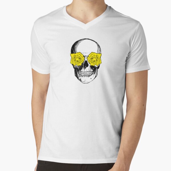 Skull and Roses | Skull and Flowers | Skulls and Skeletons | Vintage Skulls | Pink and Yellow | V-Neck T-Shirt