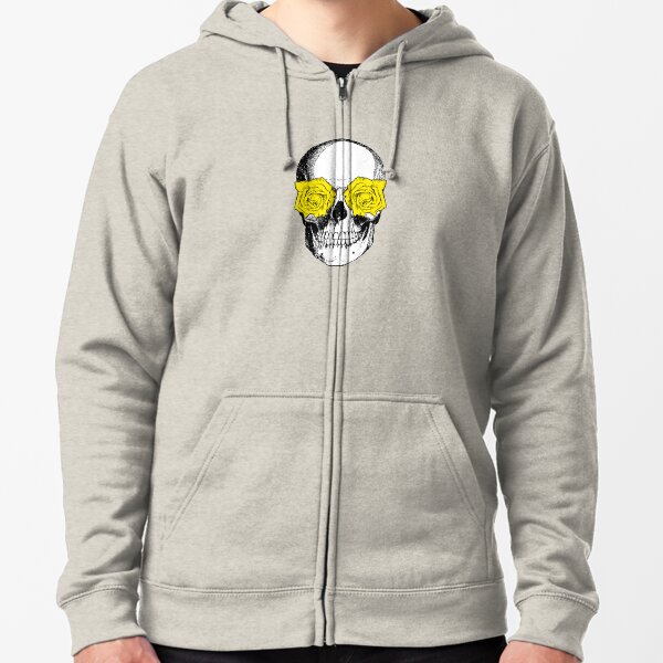 Skull and Roses | Skull and Flowers | Skulls and Skeletons | Vintage Skulls | Pink and Yellow | Zipped Hoodie