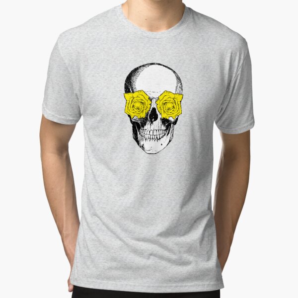 Skull and Roses | Skull and Flowers | Skulls and Skeletons | Vintage Skulls | Pink and Yellow |  Tri-blend T-Shirt