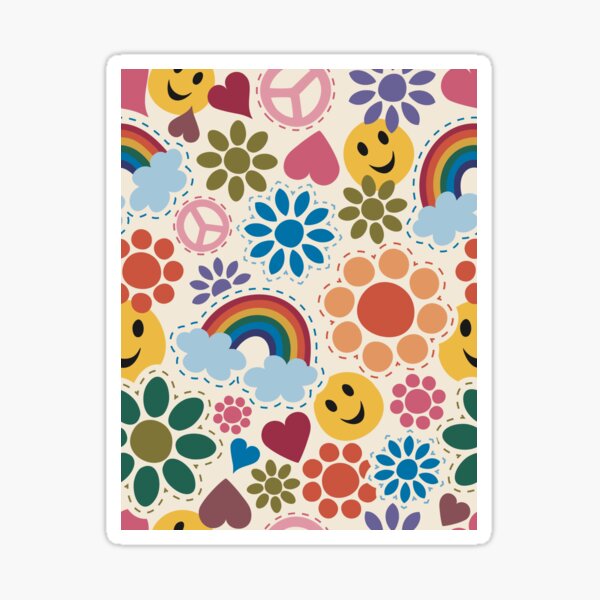 "Flower Power Patchwork" Designer 1960s 1970s Rainbow Smiley Face Flower Power Print Sticker