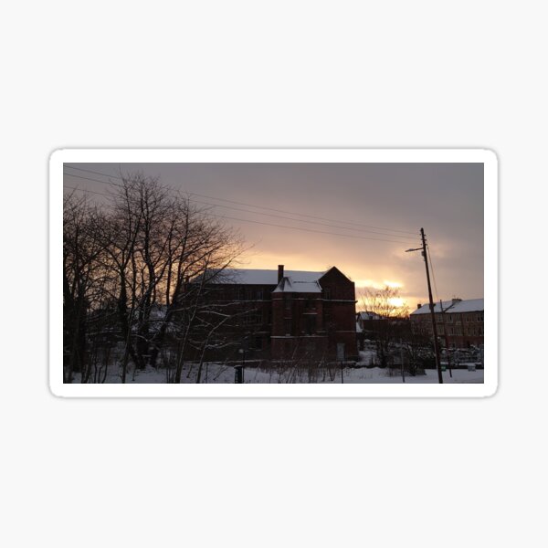 Sunrise over Snowy Old Golfhill School, Glasgow Sticker