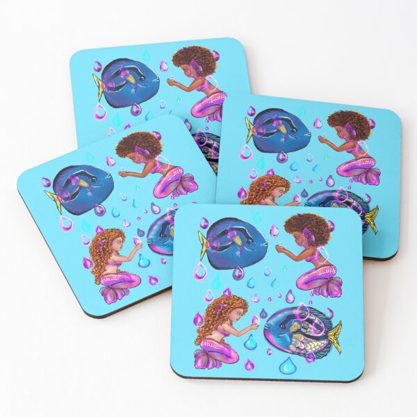 Item preview, Best fishing gifts for fish lovers 2022. anime mermaid with blue tang fish and rain drops. Pretty black  and white girls with Afro hair, green eyes, Cherry pink lips and dark brown skin. Hair love ! designed and sold by Artonmytee.