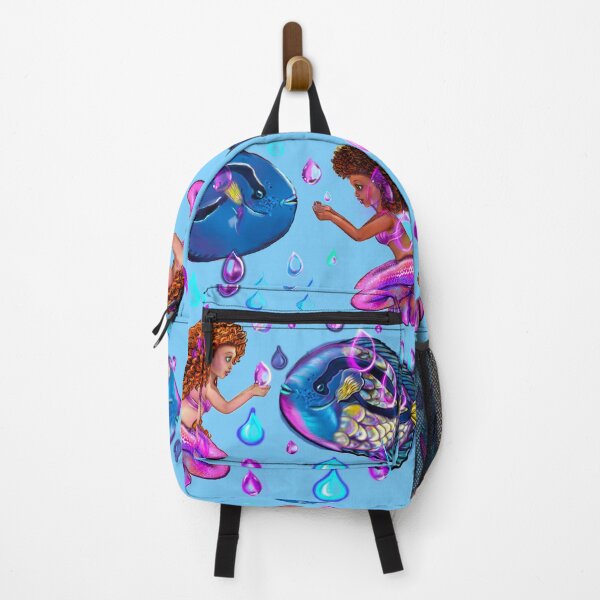 Item preview, Best fishing gifts for fish lovers 2022. anime mermaid with blue tang fish and rain drops. Pretty black and white girls with Afro hair, green eyes, Cherry pink lips and dark brown skin. Hair love ! designed and sold by Artonmytee.