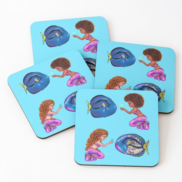Item preview, Best fishing gifts for fish lovers 2022. anime mermaid with blue tang fish and bubbles. Pretty black  and white girls with Afro hair, green eyes, Cherry pink lips and dark brown skin. Hair love ! designed and sold by Artonmytee.