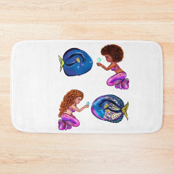 Item preview, Best fishing gifts for fish lovers 2022. anime mermaid with blue tang fish and bubbles. Pretty black  and white girls with Afro hair, green eyes, Cherry pink lips and dark brown skin. Hair love ! designed and sold by Artonmytee.