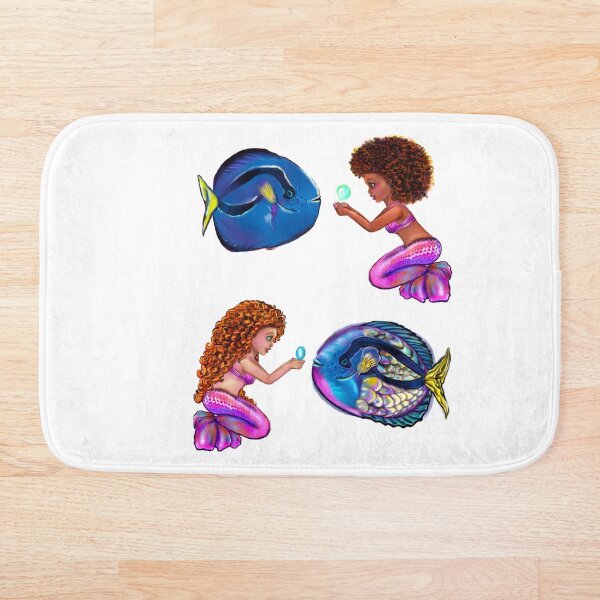 anime mermaid with blue tang fish and bubbles. Pretty black and white girls with Afro hair, green eyes, Cherry pink lips and dark brown skin. Hair love ! Bath Mat