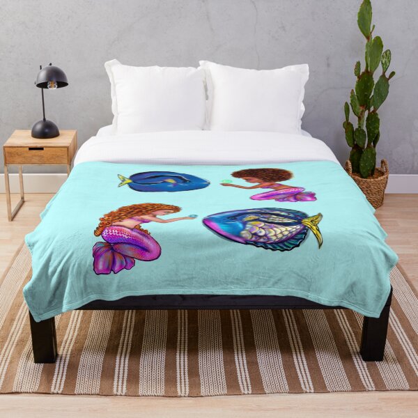 Item preview, Best fishing gifts for fish lovers 2022. anime mermaid with blue tang fish and bubbles. Pretty black  and white girls with Afro hair, green eyes, Cherry pink lips and dark brown skin. Hair love ! designed and sold by Artonmytee.