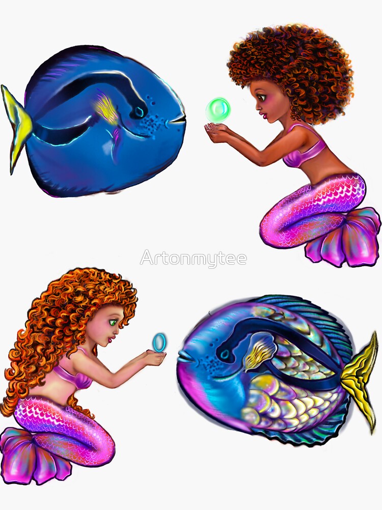 Best fishing gifts for fish lovers 2022. anime mermaid with blue tang fish  and bubbles. Pretty black and white girls with Afro hair, green eyes,  Cherry pink lips and dark brown skin.