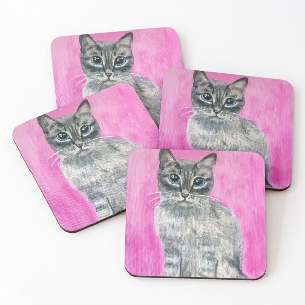 Item preview, Grey blue-eyed cat on pink background (acrylic painting) designed and sold by Alice-Moonbliss.