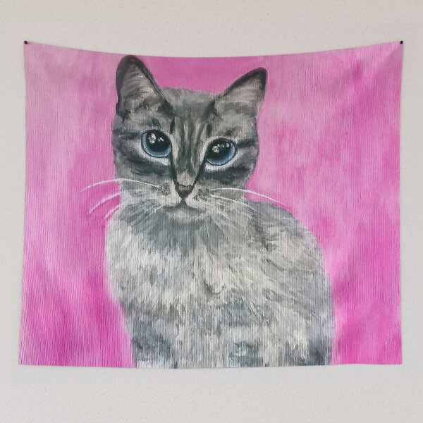 Item preview, Grey blue-eyed cat on pink background (acrylic painting) designed and sold by Alice-Moonbliss.