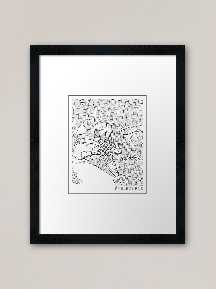 "Melbourne Map, Australia Black and White" Framed Art Print for Sale