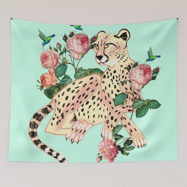 Item preview, Leopard in roses and hummingbirds on mint designed and sold by orangerinka.