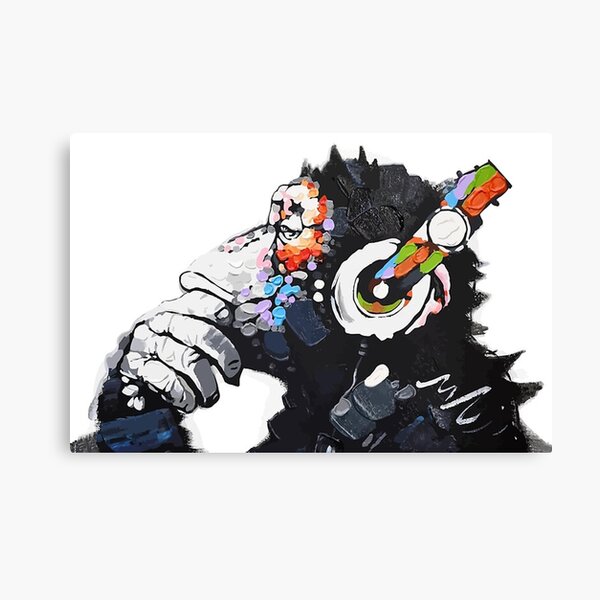 Banksy DJ Monkey Thinker with Headphones White Canvas Print